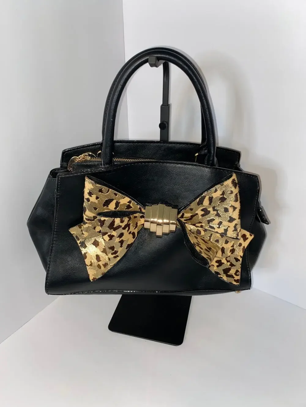 Betsey Johnson Black Satchel Handbag with Leopard Bow Accent
